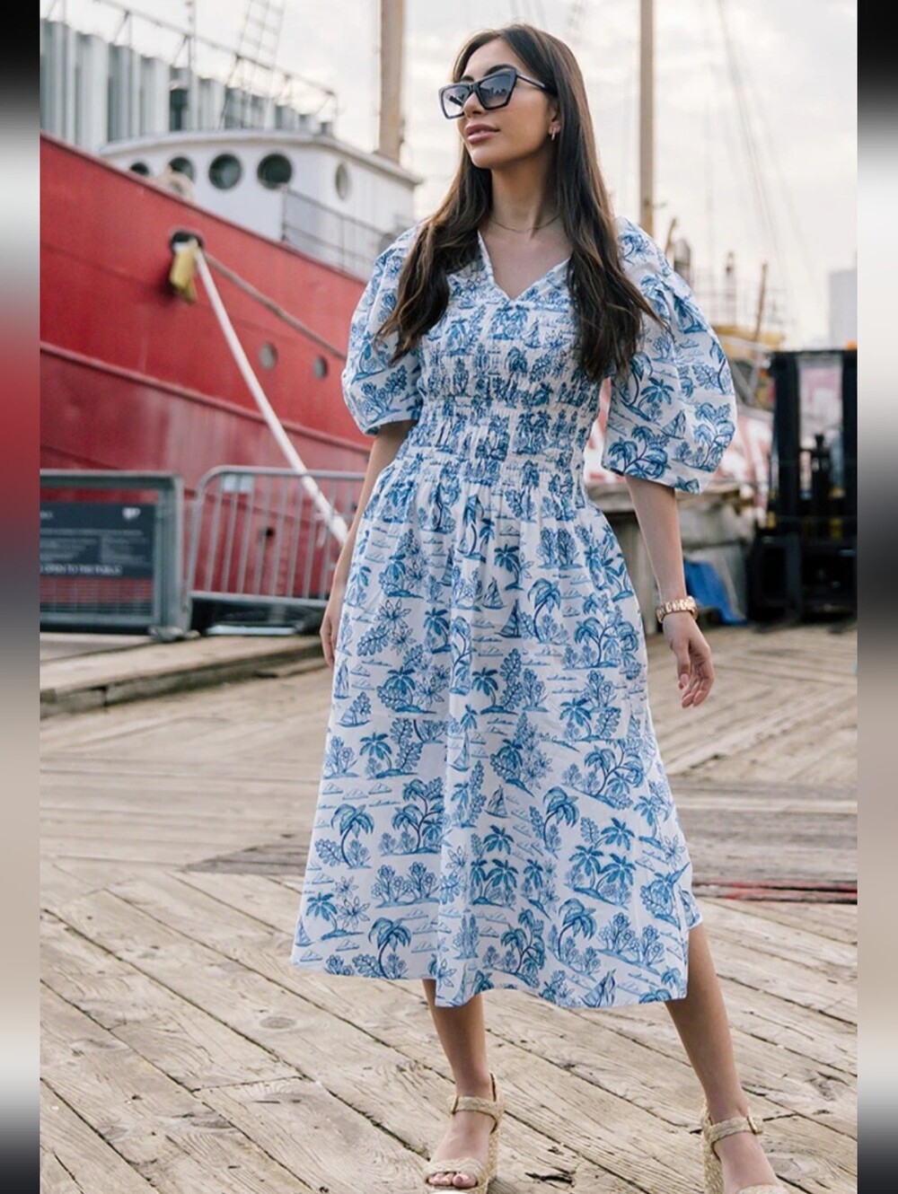 Jessie Zhao Leandra Blue Smocked V Neck Puff-Sleeve Midi Dress sz 2
